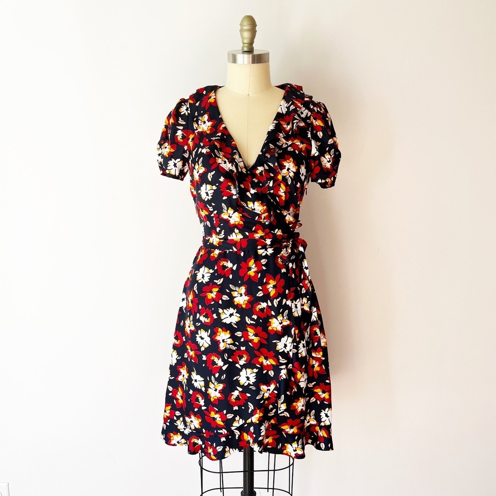 Hi There Karen Walker Wrap Dress Navy Blue Floral Ruffle Tie Waist Size 4